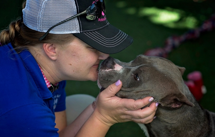 volunteer2 Woman kissing Pitbull